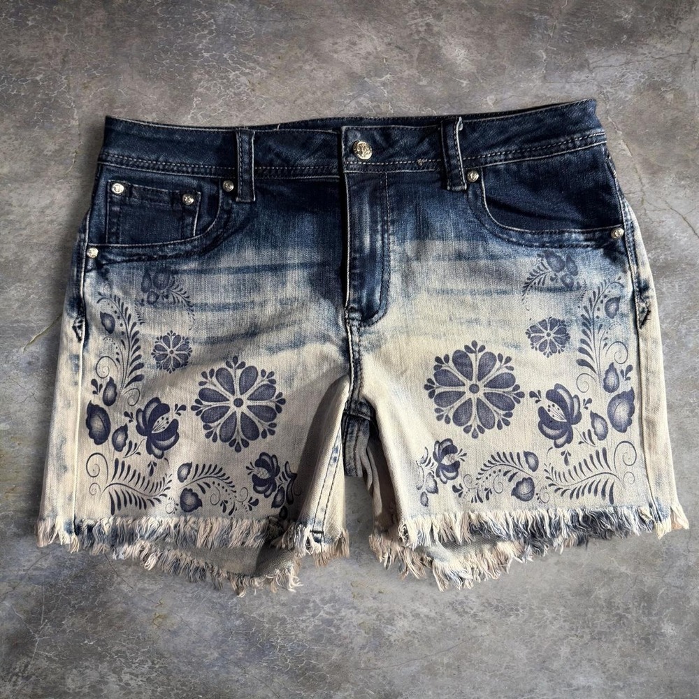 Grace Easy Fit Floral Print Denim Shorts Women's Size 32 Blue Distressed Frayed